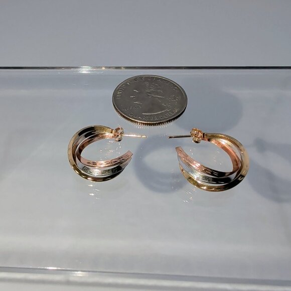 14K Tricolor Gold Semi Hoop Earrings With Diamond-Cut Design - Picture 7 of 8
